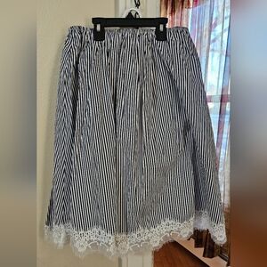 POL elastic waisted, lace trimmed blue and white stripped skirt
